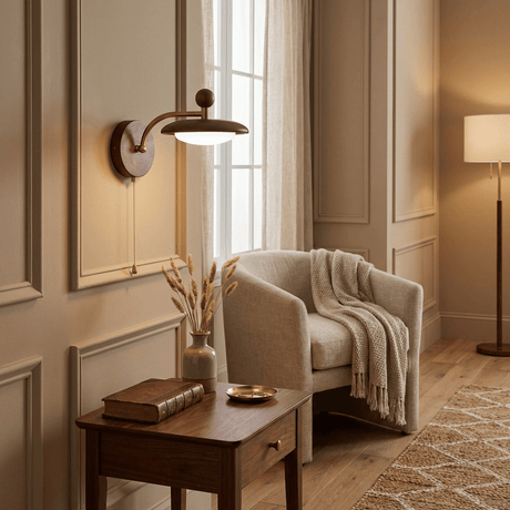 Sconce lit above a side table stacked with books beside a pale armchair