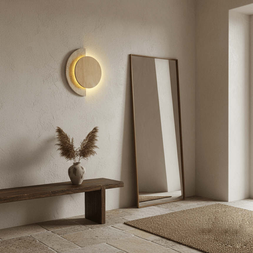 Sconce lit on a pale wall beside a tall leaning floor mirror