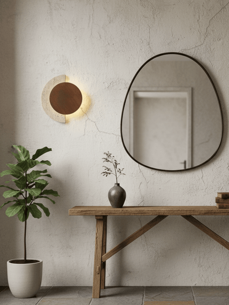 Sconce lit above a console table next to an irregular shaped mirror