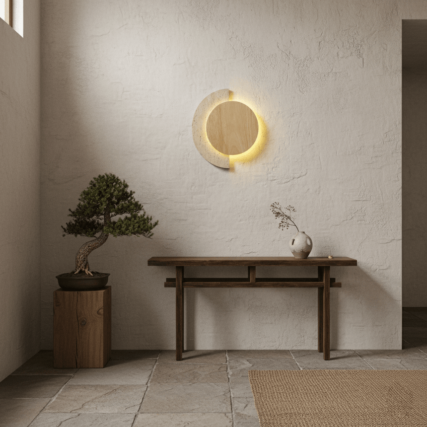 Sconce lit on a textured plaster wall above a long wood console