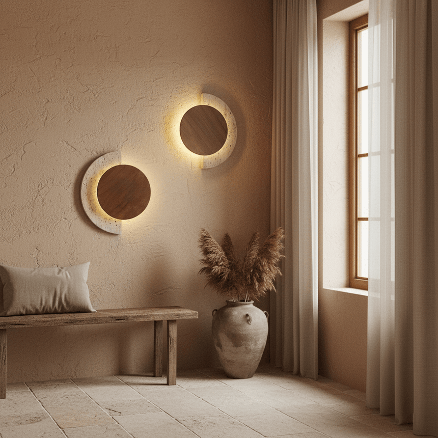 Two sconces of different sizes lit on a plaster wall above a bench