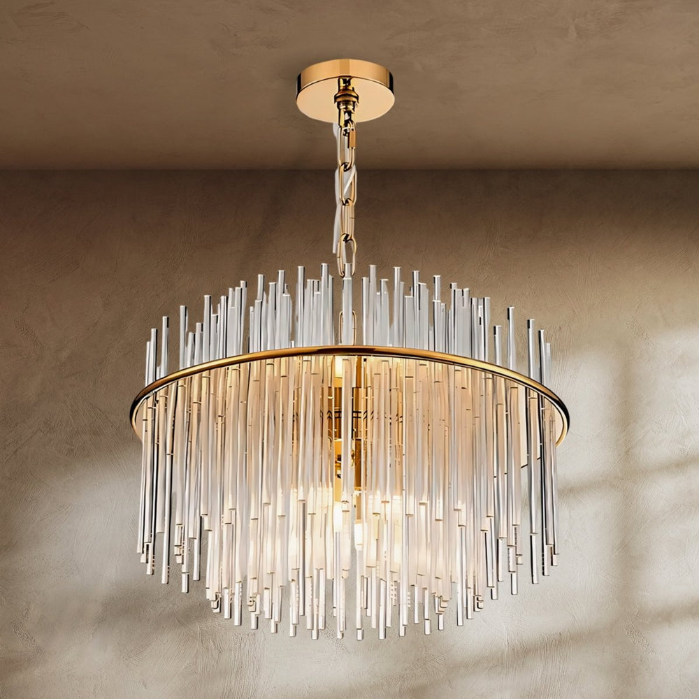 A silver ring chandelier with clear glass rods cascading in tiers below it