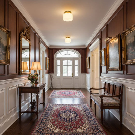 Brass and white glass ceiling lights along a corridor with wood paneling
