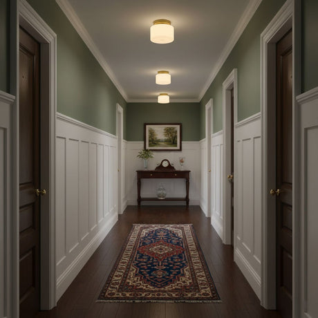 Brass and white glass ceiling lights in a green corridor with a patterned runner