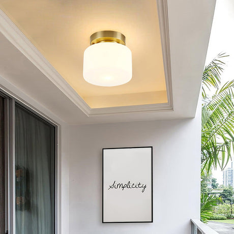 Brass and white glass ceiling light in a hallway with a framed print and a plant