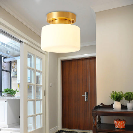 Brass and white glass ceiling light above a hallway with a dark wood door