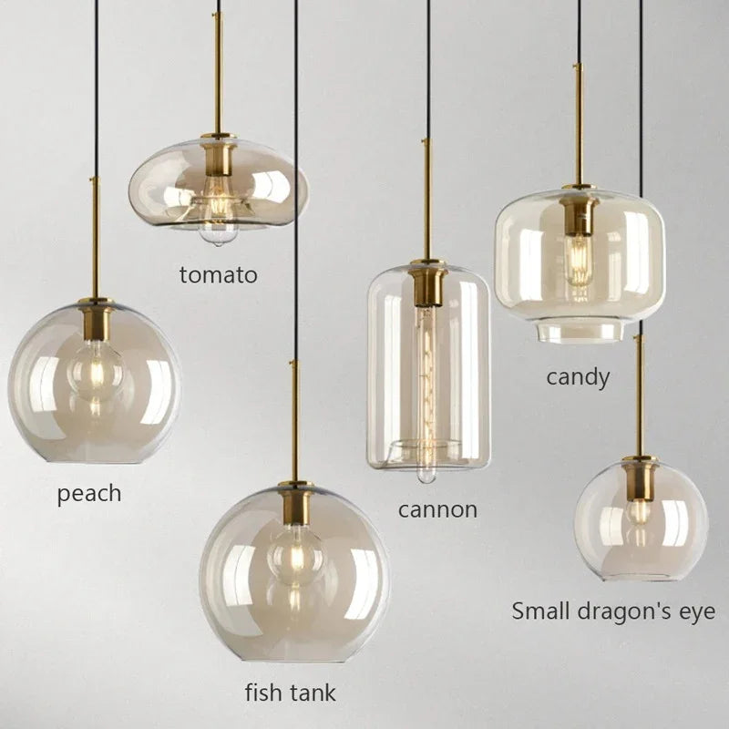 Six amber shades of different shapes hung together and named on the image