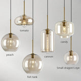 Six amber shades of different shapes hung together and named on the image