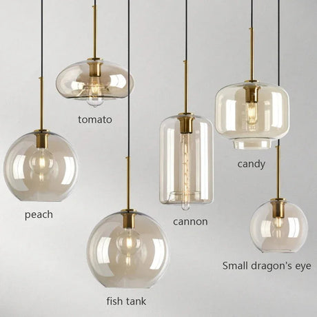 Six amber shades of different shapes hung together and named on the image