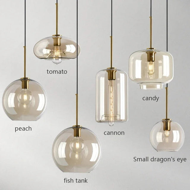 Six amber shades of different shapes hung together and named on the image