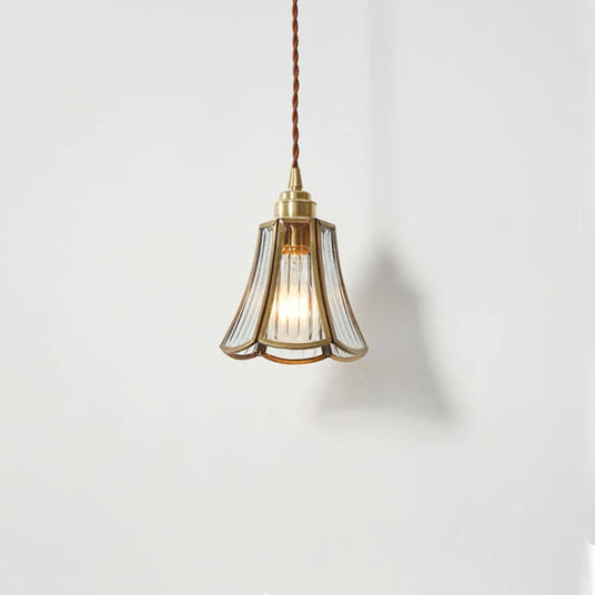 glass blossom pendant brass frame close-up