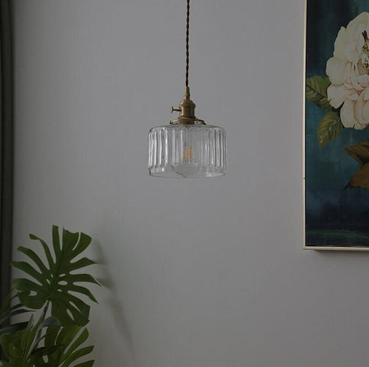 Vintage cylinder pendant lamp fluted glass close-up