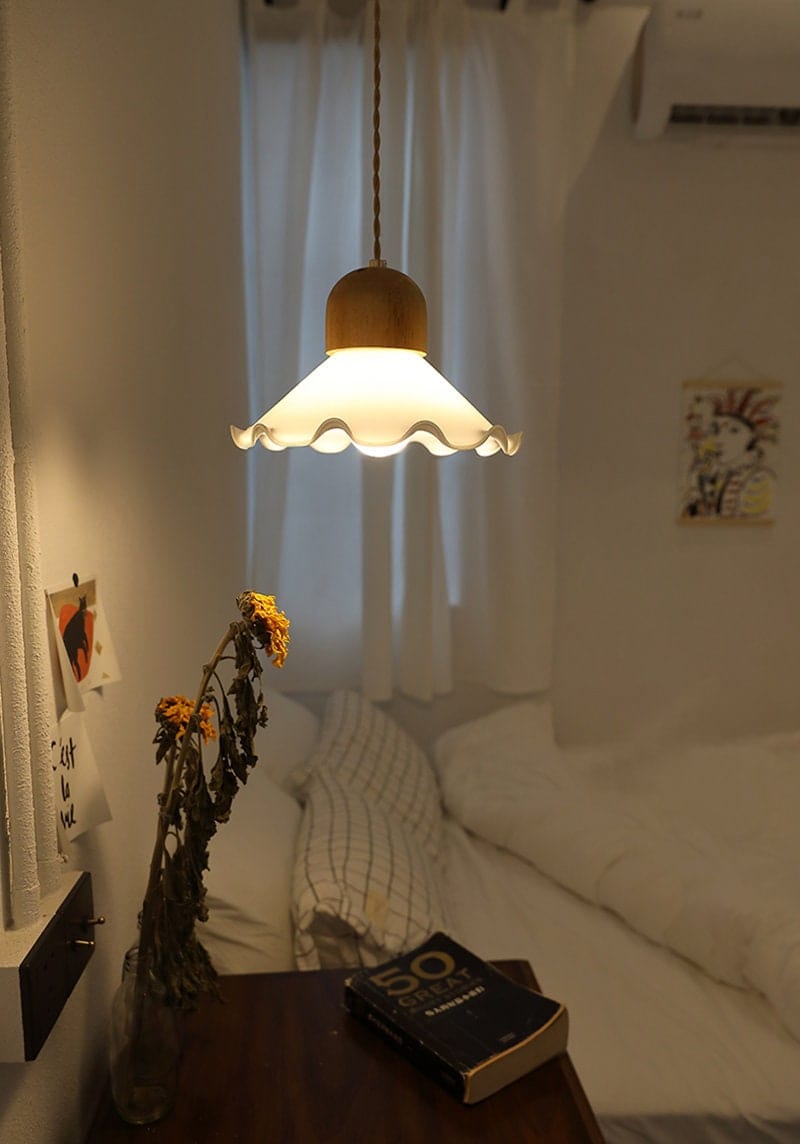 Metal or wood and glass Brass Pendant Light – warm ambient glow vintage design detail view | OroDwell