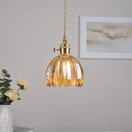 Brass pendant light vintage style side angle view