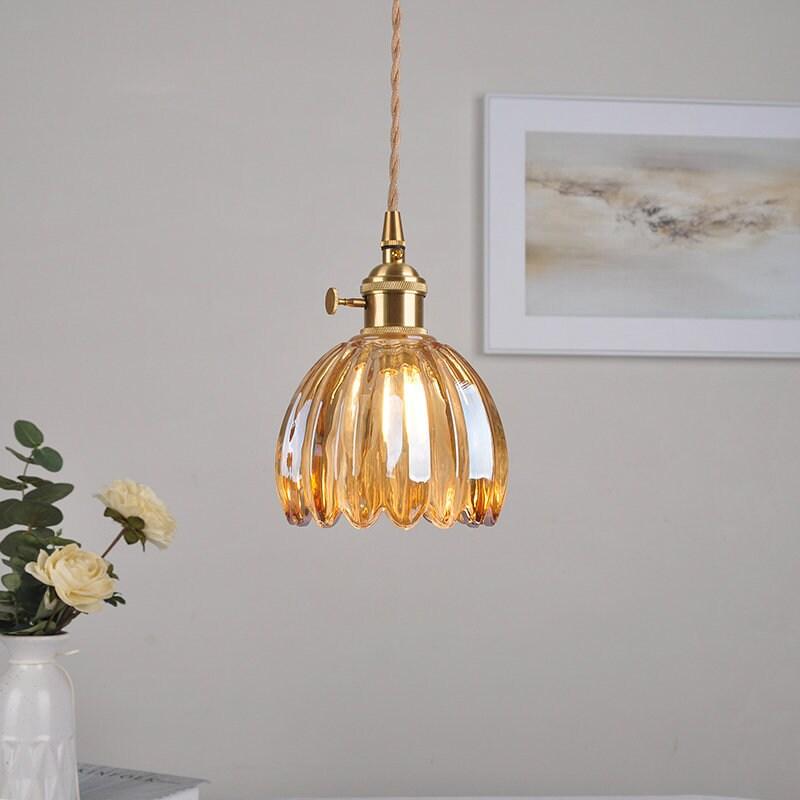 Brass pendant light vintage style side angle view