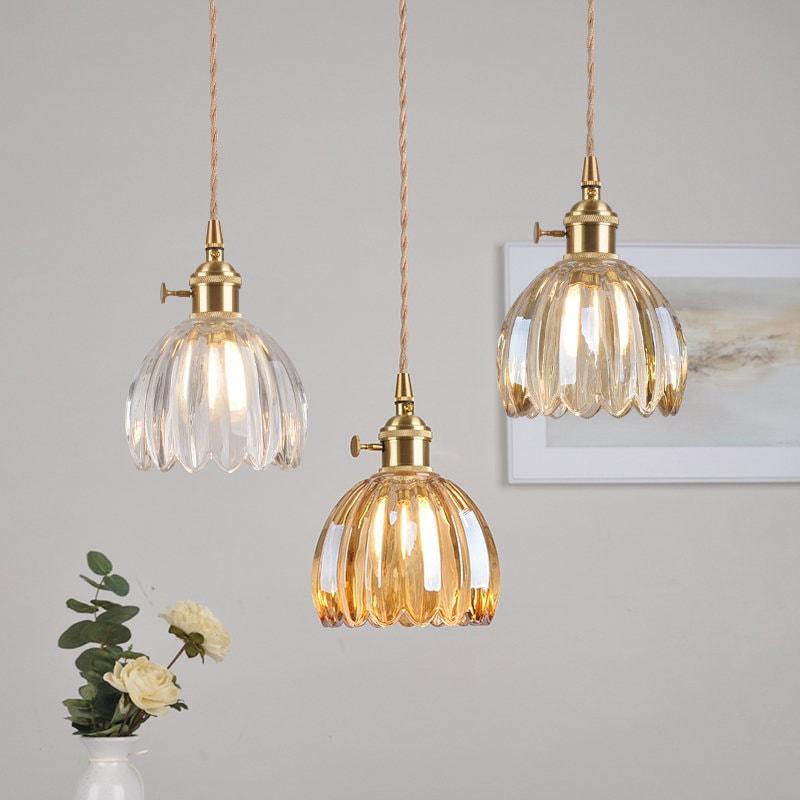 Brass pendant light LED floral glass design for dining room