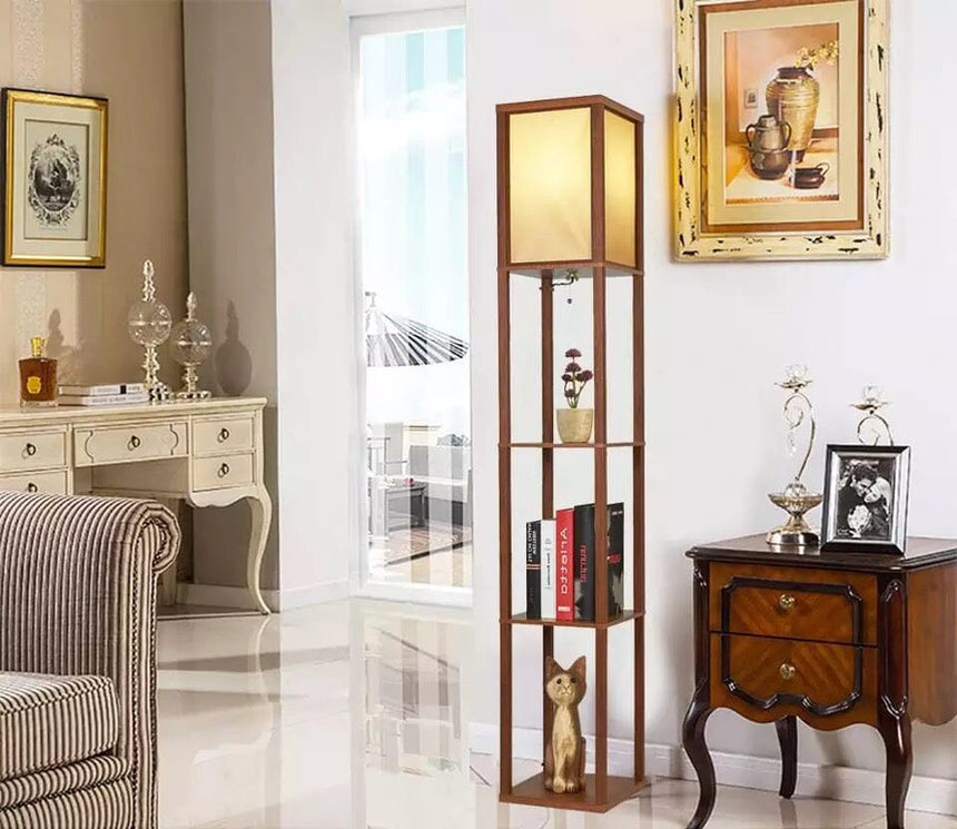 Wood Floor Lamp with Shelves for Modern Homes