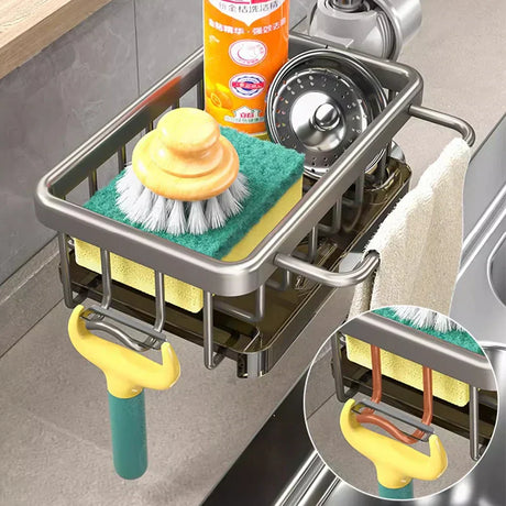 Aluminum Sink Organizer holding sponge and soap - OpalDwell