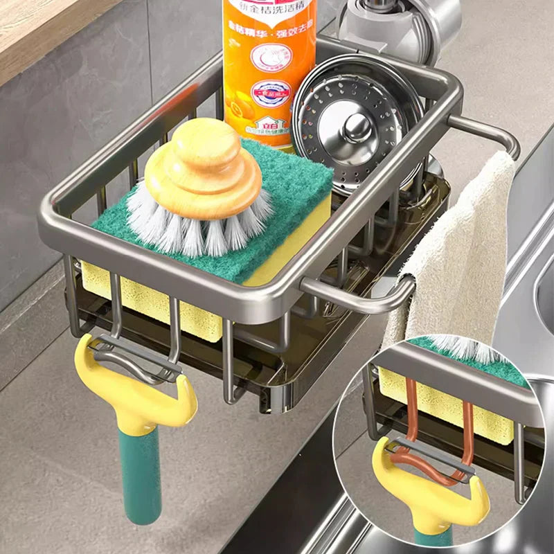 Aluminum Sink Organizer holding sponge and soap - OpalDwell