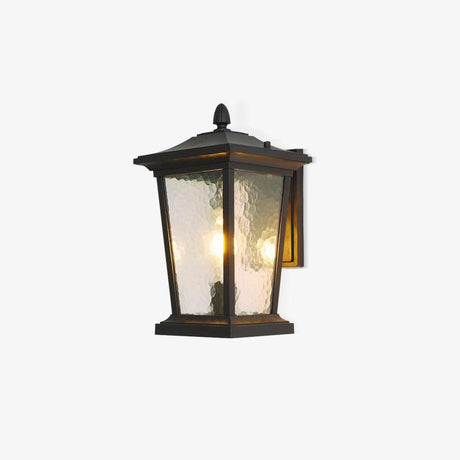 Black industrial outdoor wall light, a square lantern with a pointed roof and water pattern glass