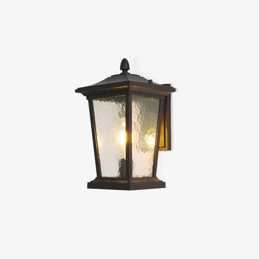 Black industrial outdoor wall light, a square lantern with a pointed roof and water pattern glass
