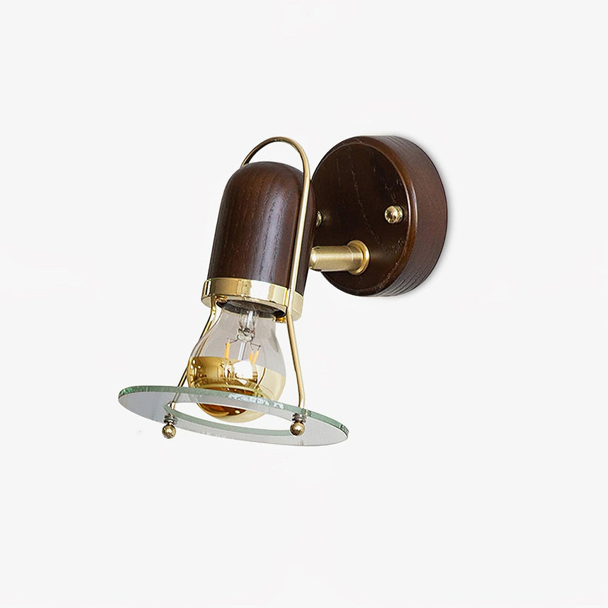 Industrial wall sconce, a dark wood barrel with a brass collar and a glass ring