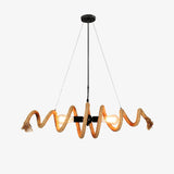 Coiled hemp rope chandelier with two exposed lamps at its middle