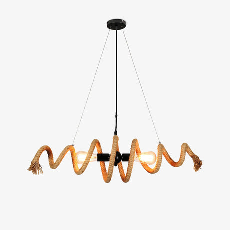 Coiled hemp rope chandelier with two exposed lamps at its middle