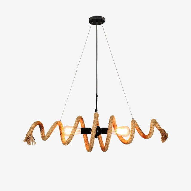 Coiled hemp rope chandelier with two exposed lamps at its middle