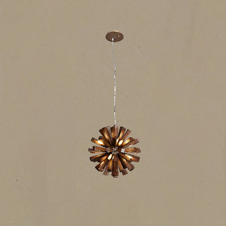 The fitting lit on its single cable against a warm plain ground