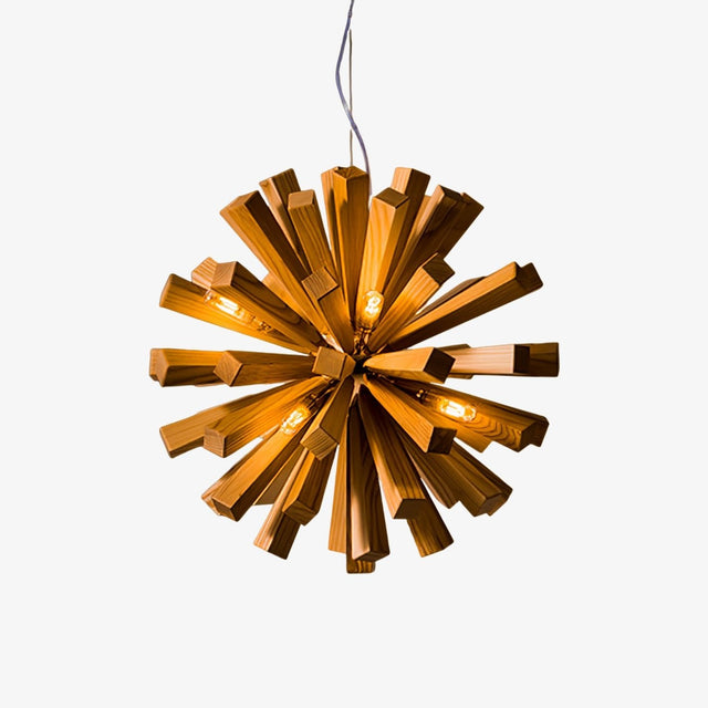 Japandi chandelier built from wood slats radiating out from a core