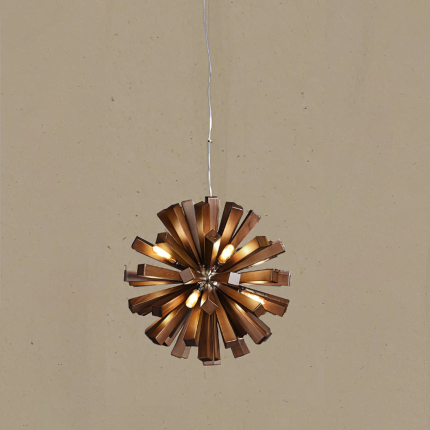 The walnut tone version lit, light escaping between the angled slats
