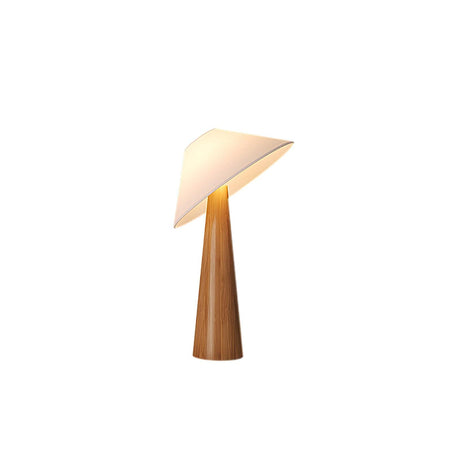 Natural wood cone table lamp with a tilted white shade, plain ground
