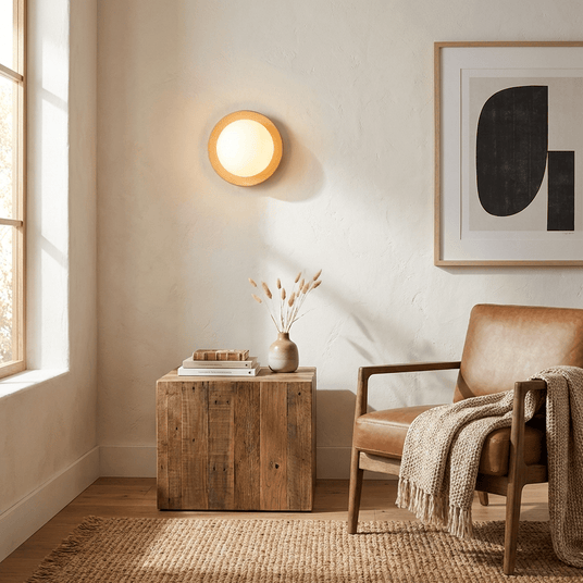Sconce lit beside an armchair with a throw, a wood cube table and artwork