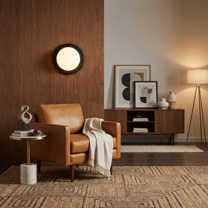 Sconce lit on a wood panel wall beside a leather armchair and a sideboard
