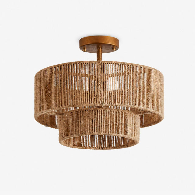 Jute ceiling light with two stacked woven rope drums on a brass tone plate