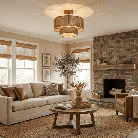 Jute ceiling light lit in a living room with a stone fireplace and a round table