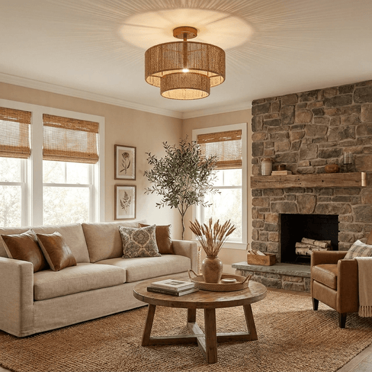 Jute ceiling light lit in a living room with a stone fireplace and a round table