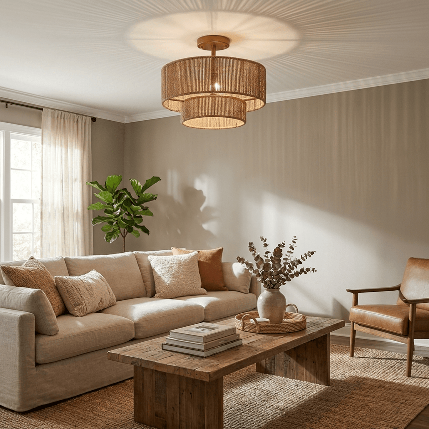 Two tier jute ceiling light above a sofa with a wood coffee table and dried stems
