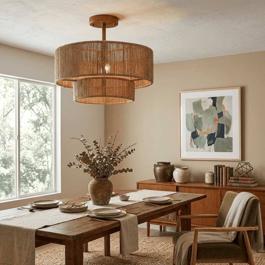Jute ceiling light lit over a dining table with woven chairs and a tall window