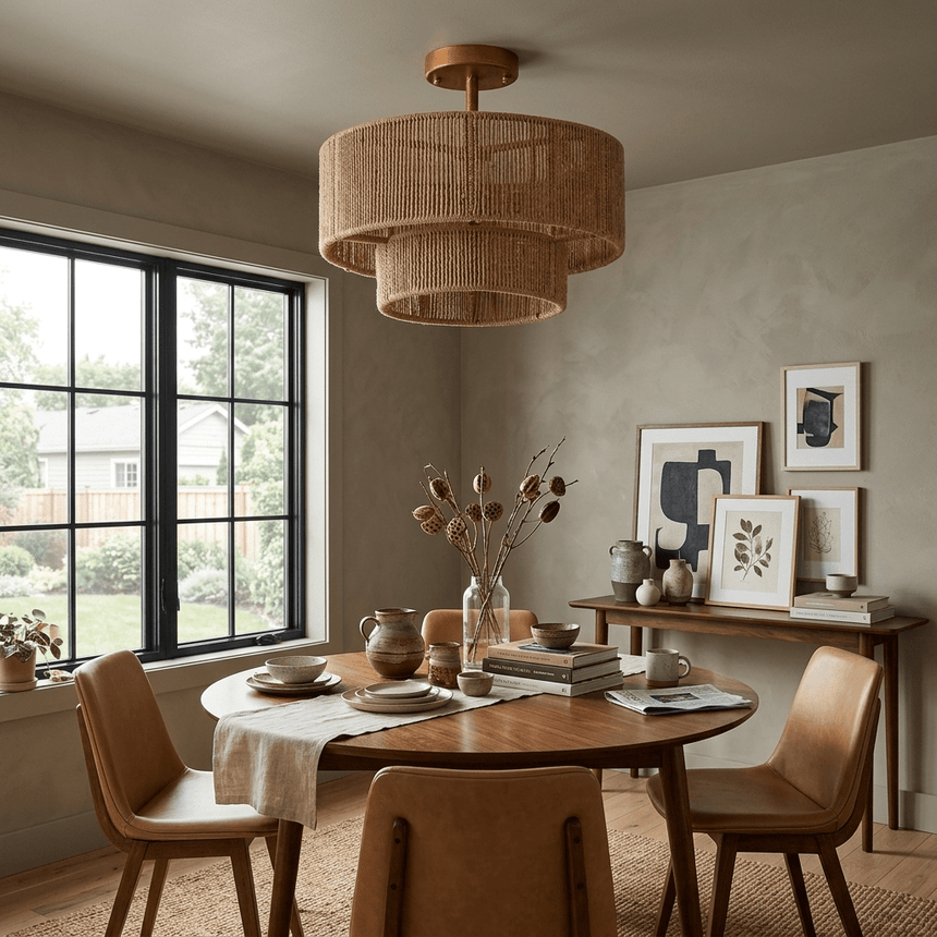 Two tier jute ceiling light above an oval dining table with leather chairs