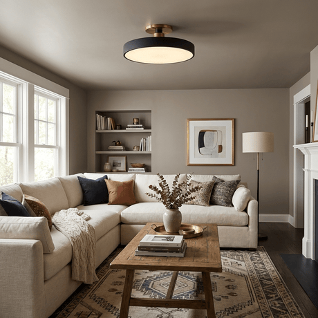 Black drum ceiling light in a living room with a sectional sofa and shelving