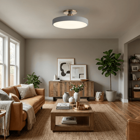Black drum ceiling light in a living room with a leather sofa and a plant