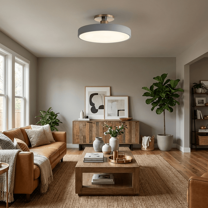 Black drum ceiling light in a living room with a leather sofa and a plant