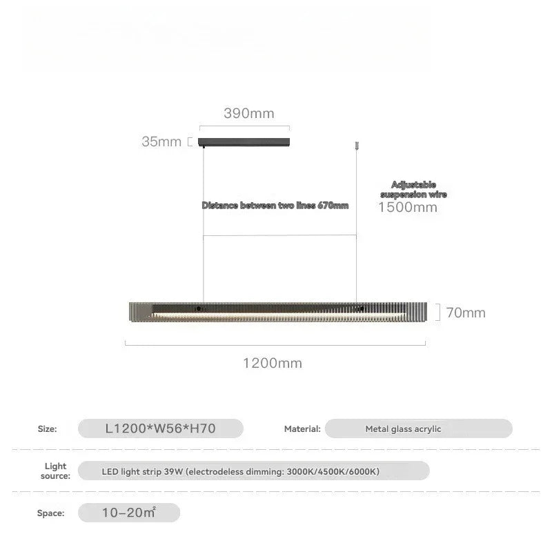 The 120 cm black version drawn with its length and suspension marked