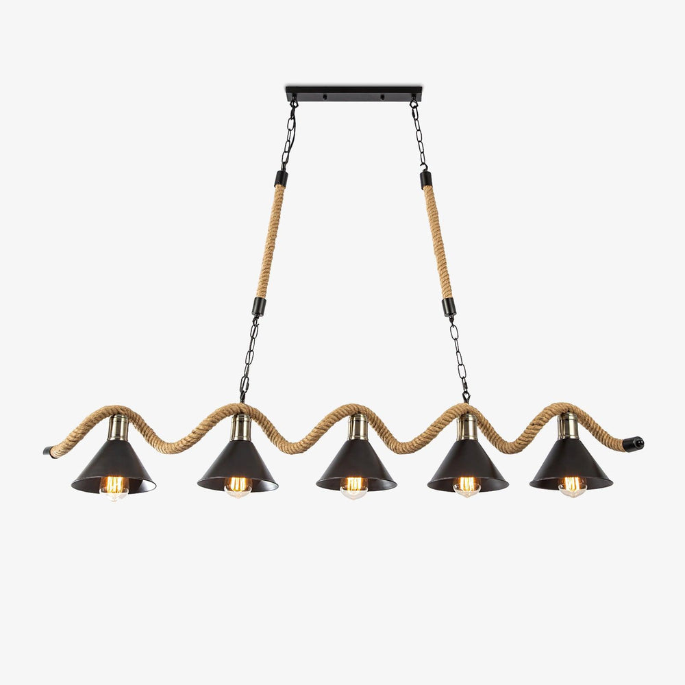 Rope wave chandelier with five black cone shades hanging beneath it
