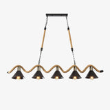 Rope wave chandelier with five black cone shades hanging beneath it