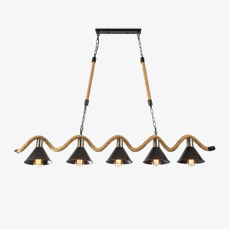 Rope wave chandelier with five black cone shades hanging beneath it