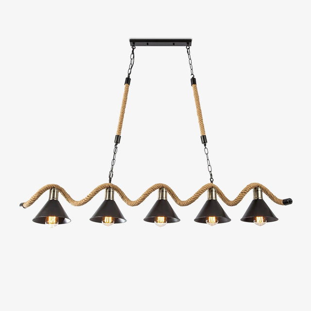Rope wave chandelier with five black cone shades hanging beneath it