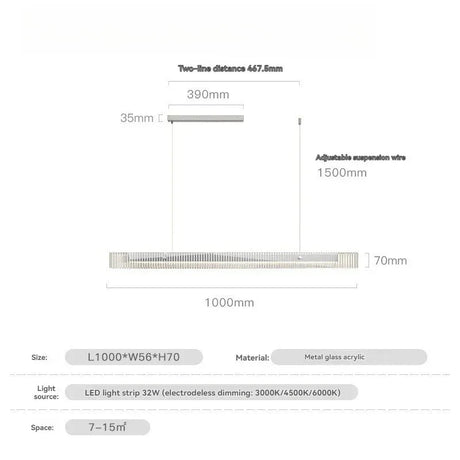 The 100 cm silver version drawn with its length and suspension marked